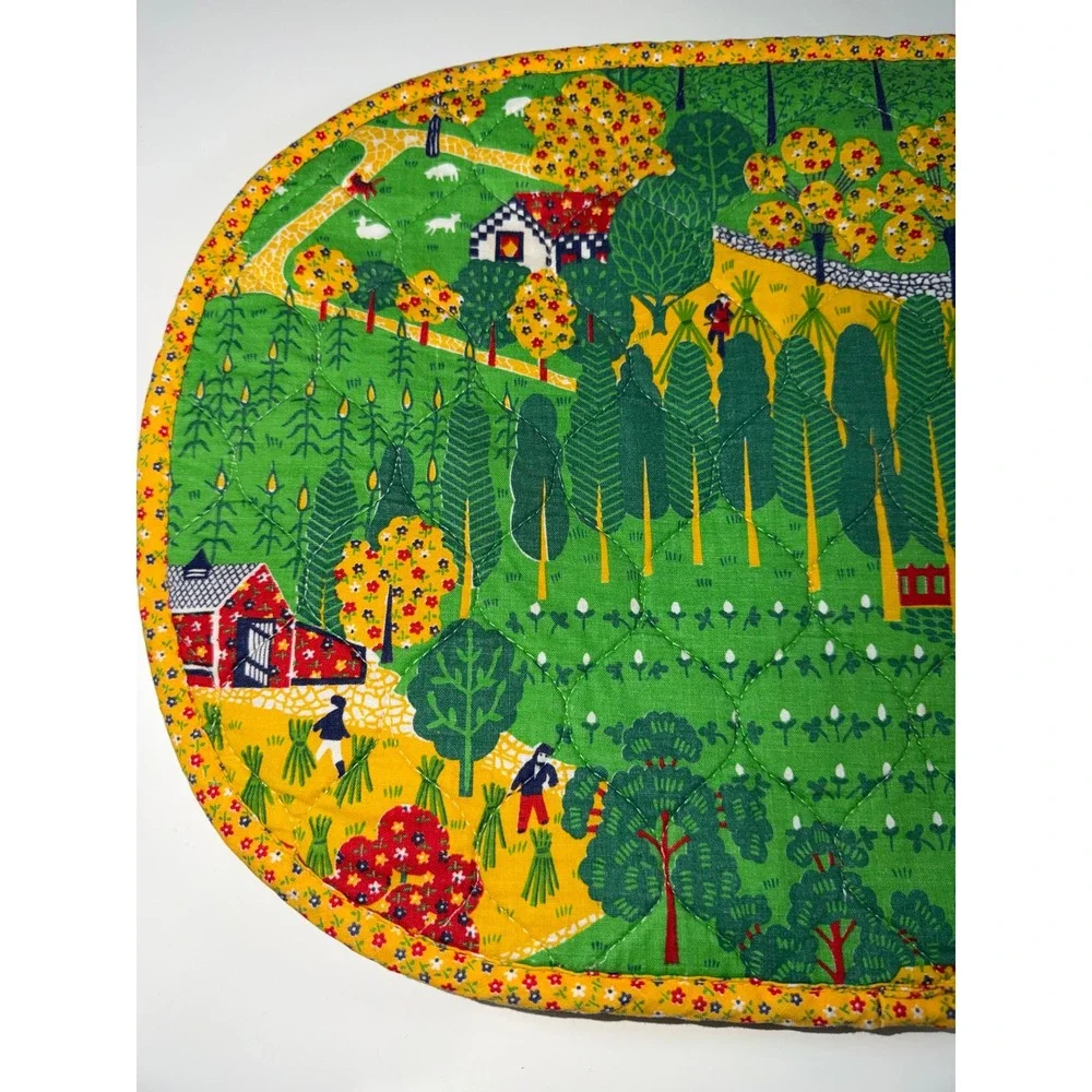 Farm Folk Art Quilted Placemats Green Yellow‎ Set of 4 Cottagecore Farmer Calico